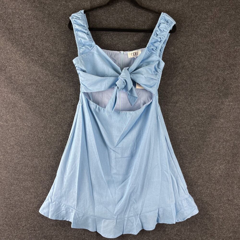 P Cill Linen Blend Mini Dress Womens Medium Blue Tie Front Ruffle Cut Out NEW